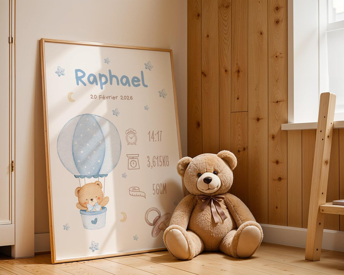 Affiche Naissance Ourson Mogolfière Personnalisable