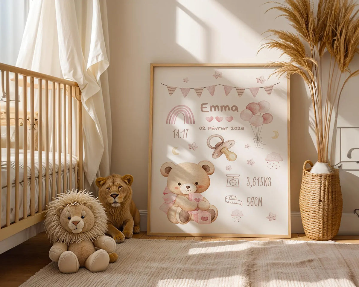 Affiche Naissance Ourson Calin Personnalisable - Rose