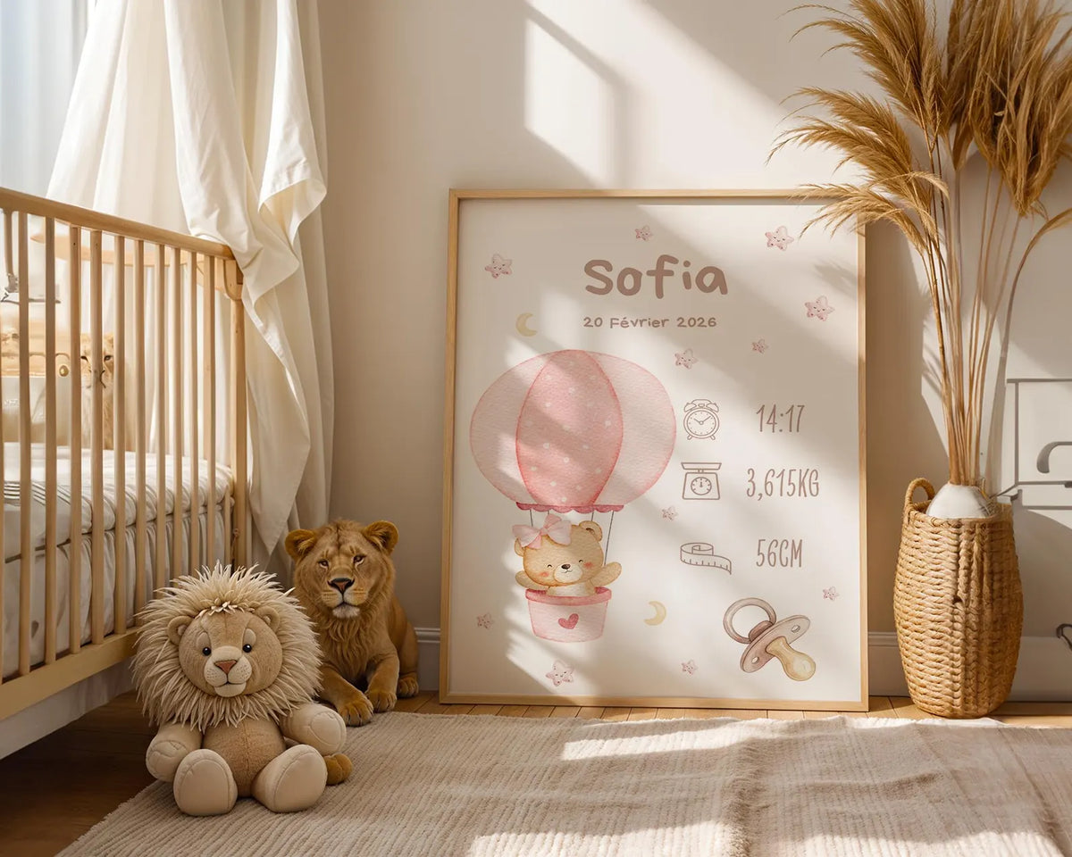 Affiche Naissance Ourson Montgolfière Personnalisable - Rose