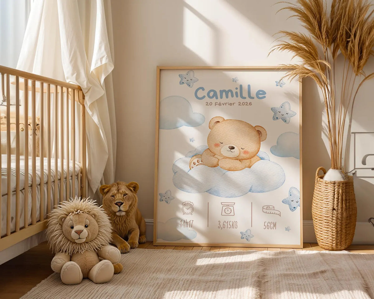 Affiche Naissance Ourson Nuage Personnalisable - Blue