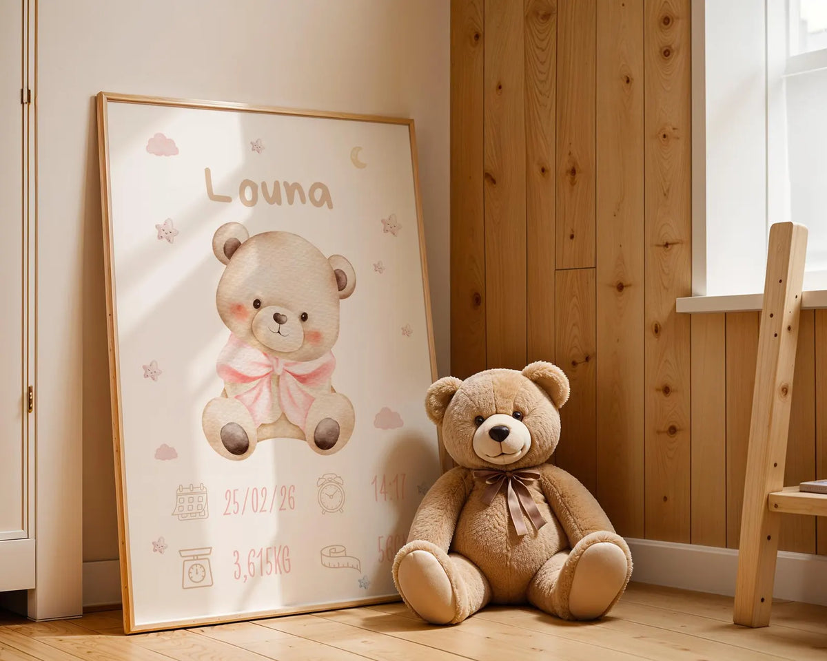 Affiche Naissance Ourson Personnalisable - Rose
