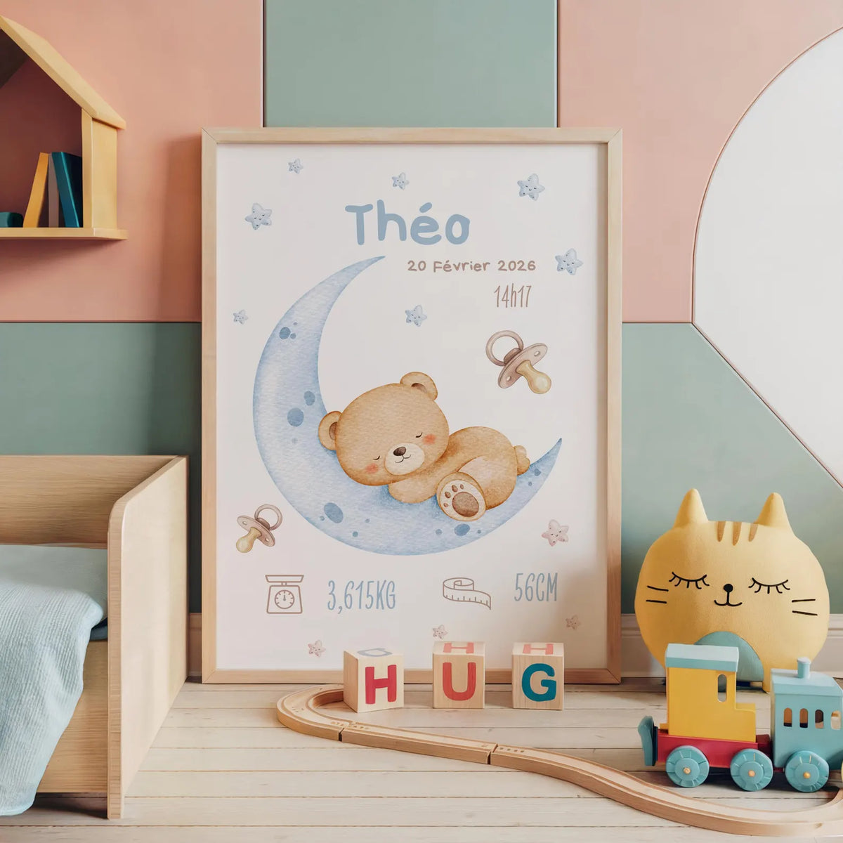 Affiche Naissance Ourson Lune Personnalisable - Bleu