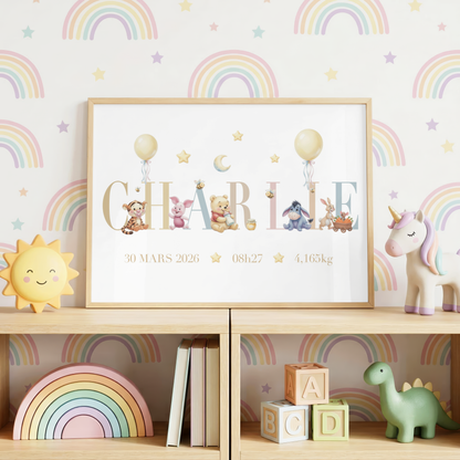 Affiche de naissance personnalisée – Winnie l’ourson et ses amis