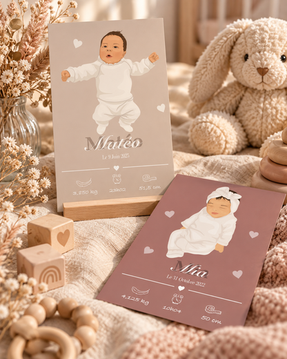Faire-part de naissance personnalisé avec illustration de votre bébé 🤎