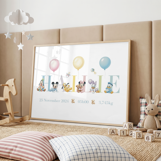 Affiche de naissance personnalisée – Mickey, Minnie et leurs amis bébé
