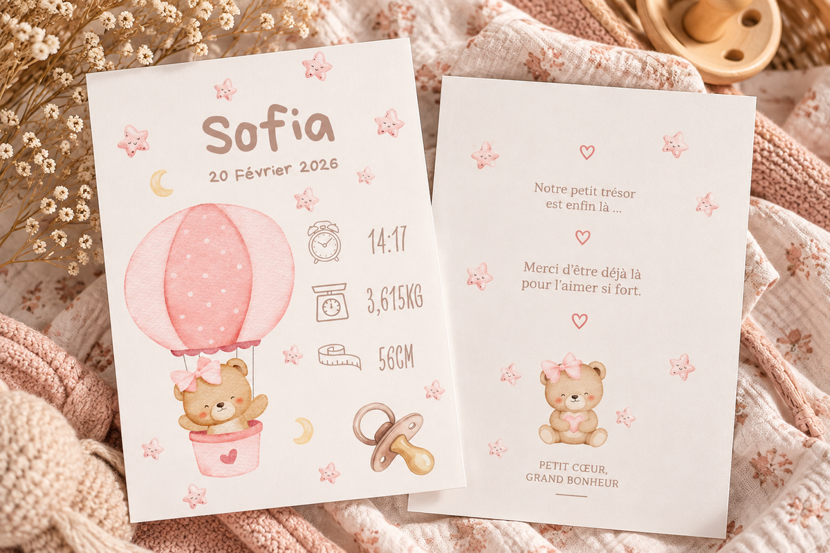 Faire-part de naissance Ourson personnalisé avec illustration de votre bébé 🤎
