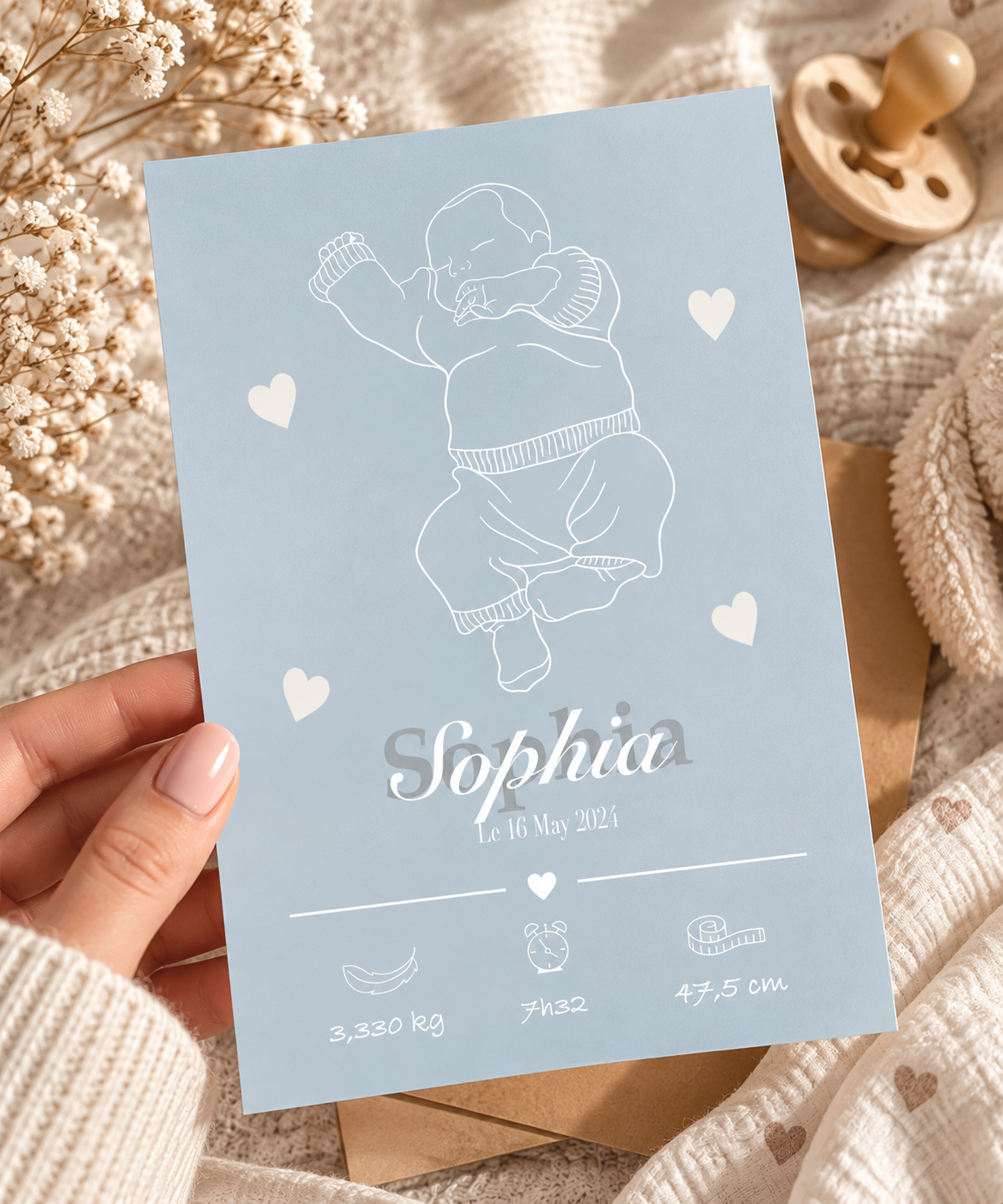 Faire-part de naissance Line-art  personnalisé avec illustration de votre bébé 🤎