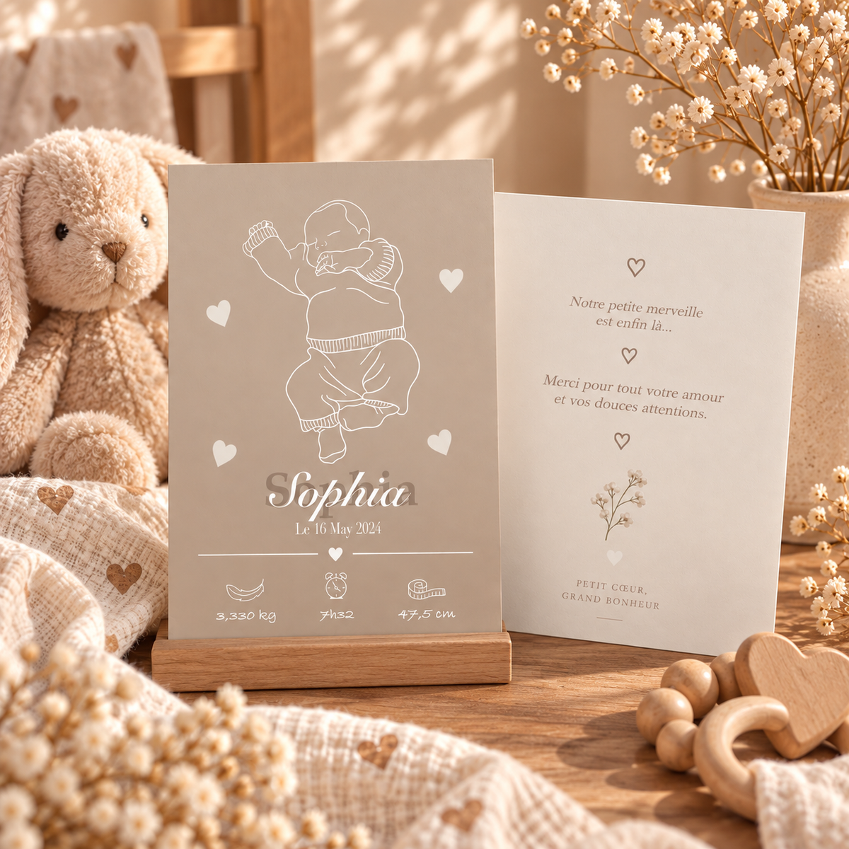 Faire-part de naissance Line-art  personnalisé avec illustration de votre bébé 🤎
