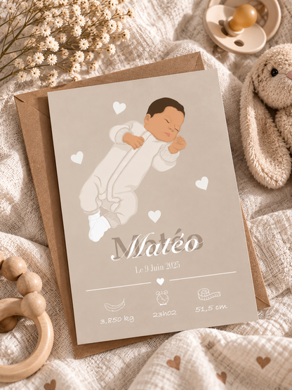 Faire-part de naissance personnalisé avec illustration de votre bébé 🤎