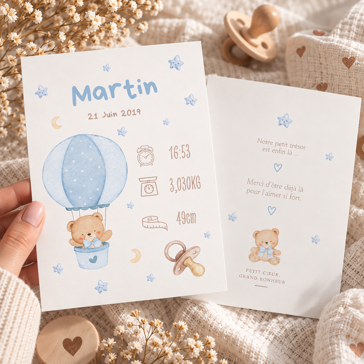Faire-part de naissance Ourson personnalisé avec illustration de votre bébé 🤎