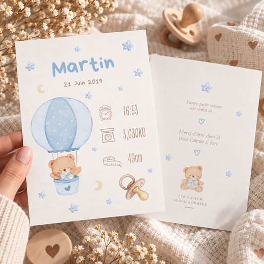 Faire-part de naissance Ourson personnalisé avec illustration de votre bébé 🤎