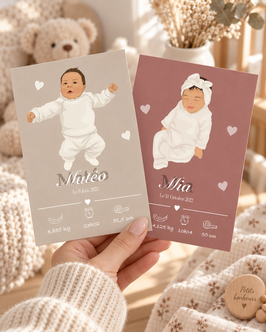 Faire-part de naissance personnalisé avec illustration de votre bébé 🤎