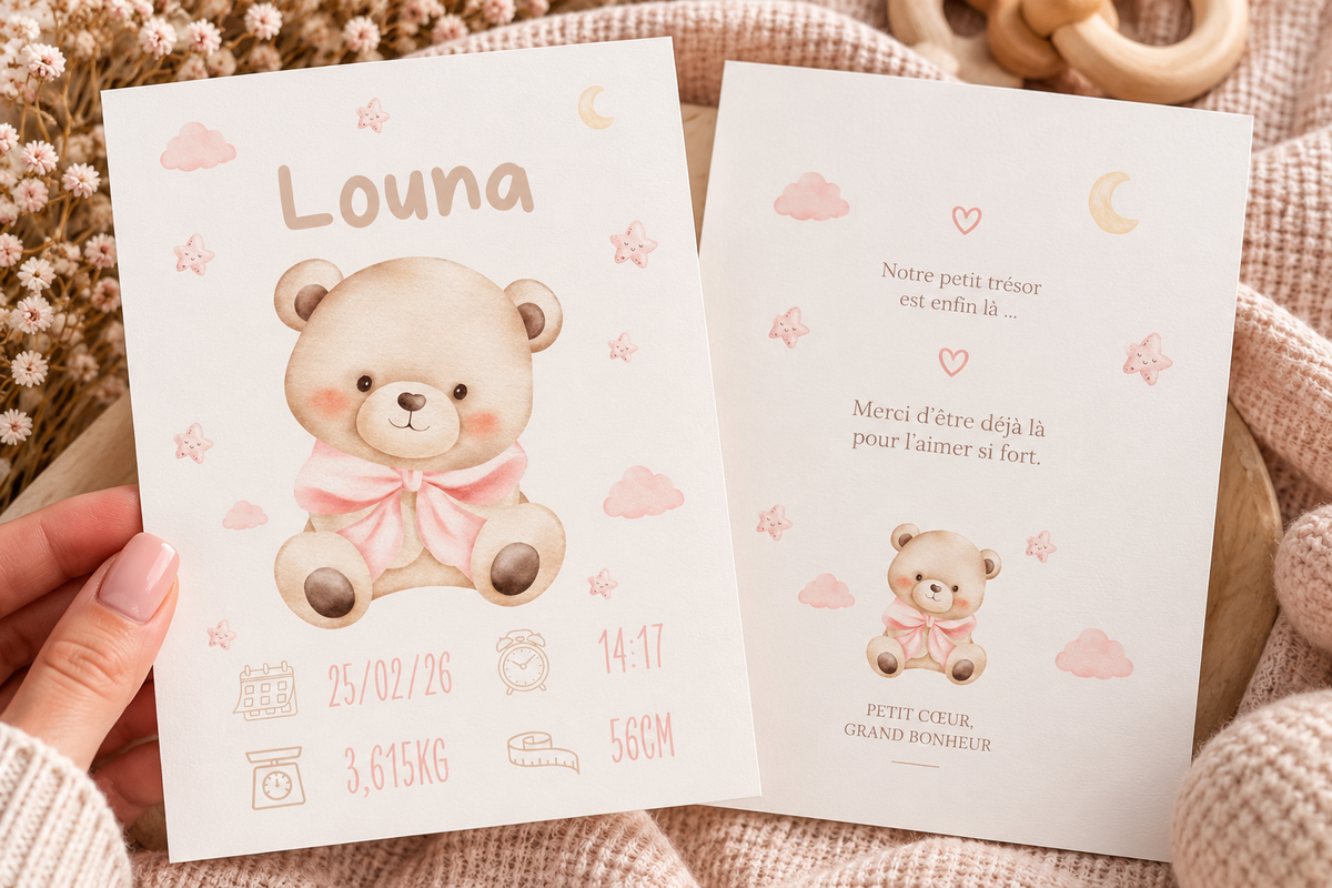Faire-part de naissance Ourson personnalisé avec illustration de votre bébé 🤎