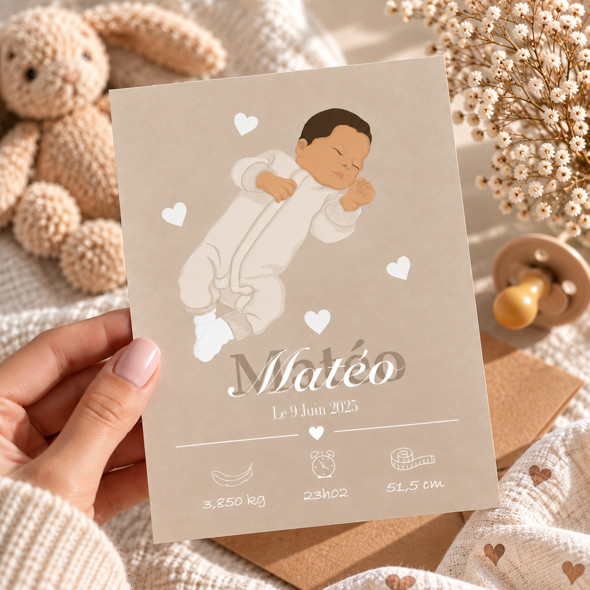 Faire-part de naissance personnalisé avec illustration de votre bébé 🤎