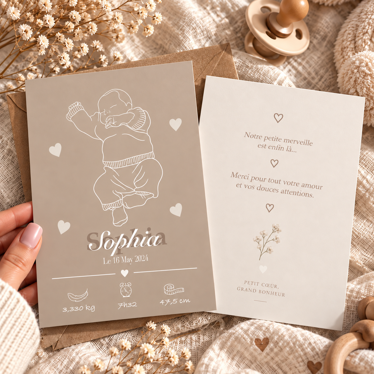 Faire-part de naissance Line-art  personnalisé avec illustration de votre bébé 🤎