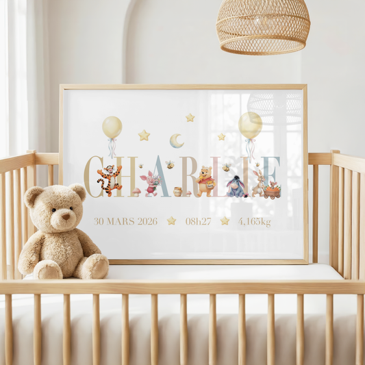 Affiche de naissance personnalisée – Winnie the pooh et ses amis