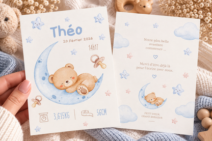 Faire-part de naissance Ourson personnalisé avec illustration de votre bébé 🤎
