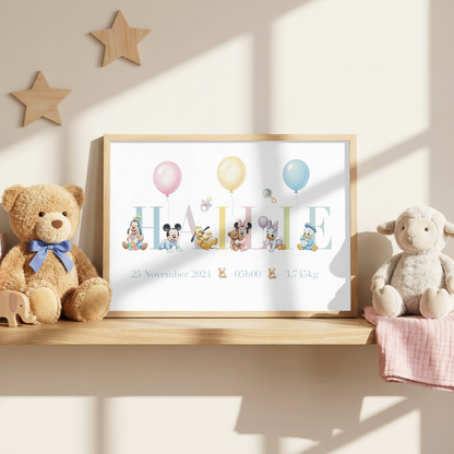 Affiche de naissance personnalisée – Mickey, Minnie et leurs amis bébé