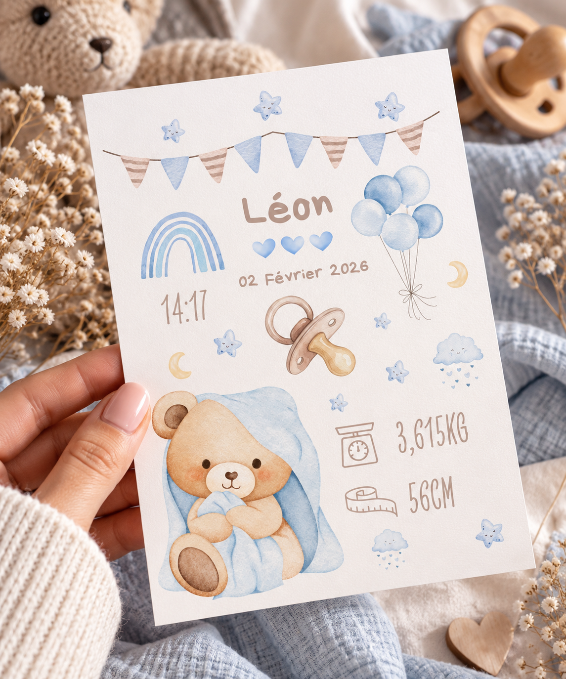 Faire-part de naissance Ourson personnalisé avec illustration de votre bébé 🤎