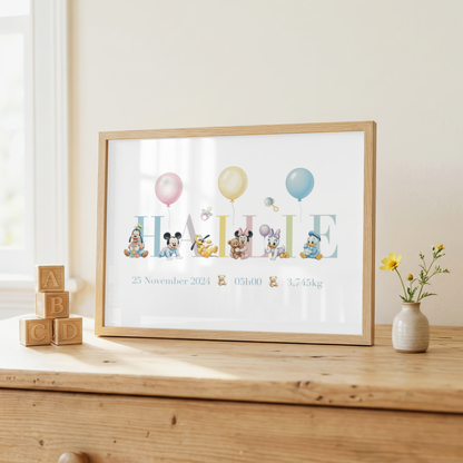 Affiche de naissance personnalisée – Mickey, Minnie et leurs amis bébé