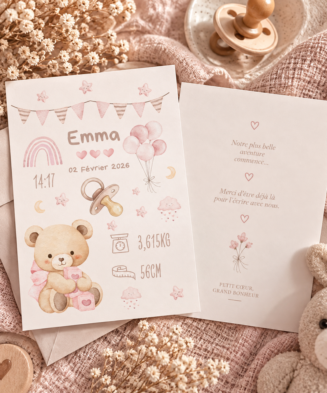 Faire-part de naissance Ourson personnalisé avec illustration de votre bébé 🤎