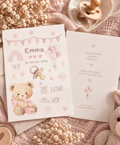 Faire-part de naissance Ourson personnalisé avec illustration de votre bébé 🤎