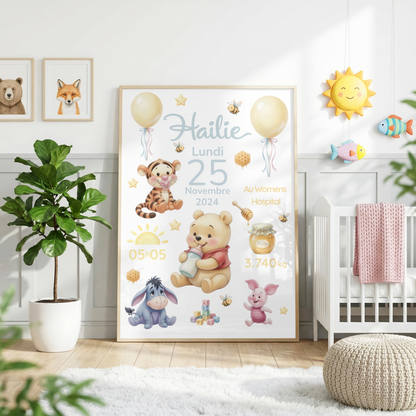 Affiche de naissance personnalisée Winnie l’Ourson / The Pooh