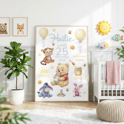 Affiche de naissance personnalisée Winnie l’Ourson / The Pooh