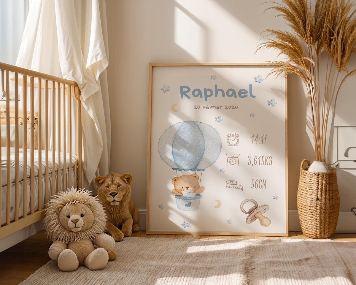 Affiche Naissance Ourson Mogolfière Personnalisable