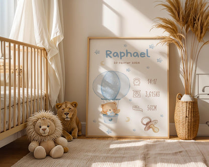 Affiche Naissance Ourson Mogolfière Personnalisable