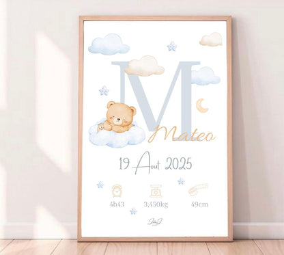 Affiche Naissance Ourson Personnalisables