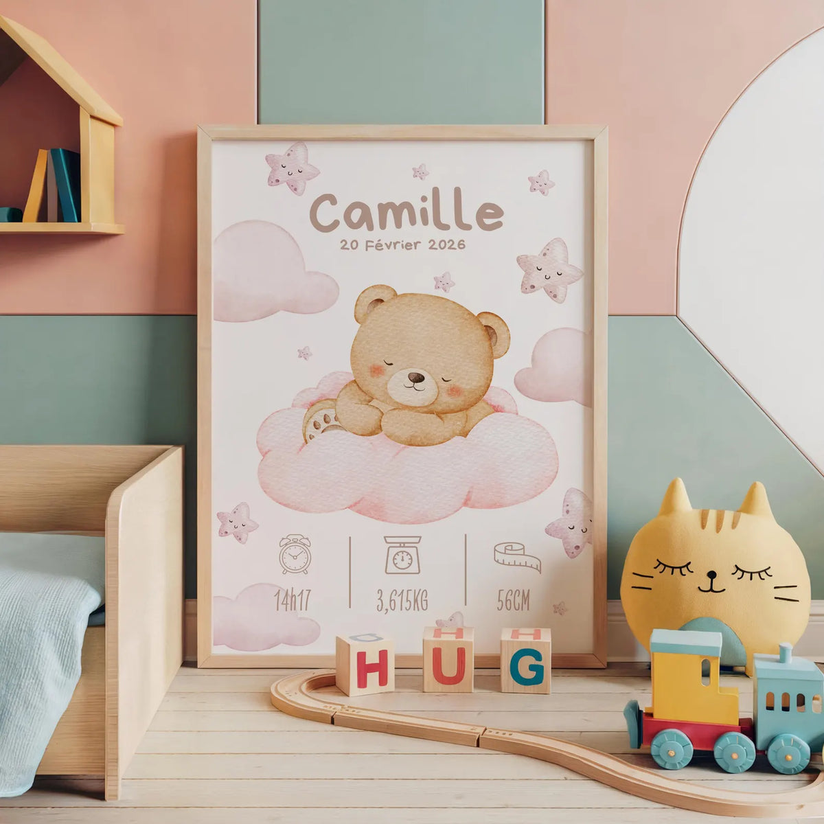 Affiche Naissance Ourson Nuage Personnalisable - Rose