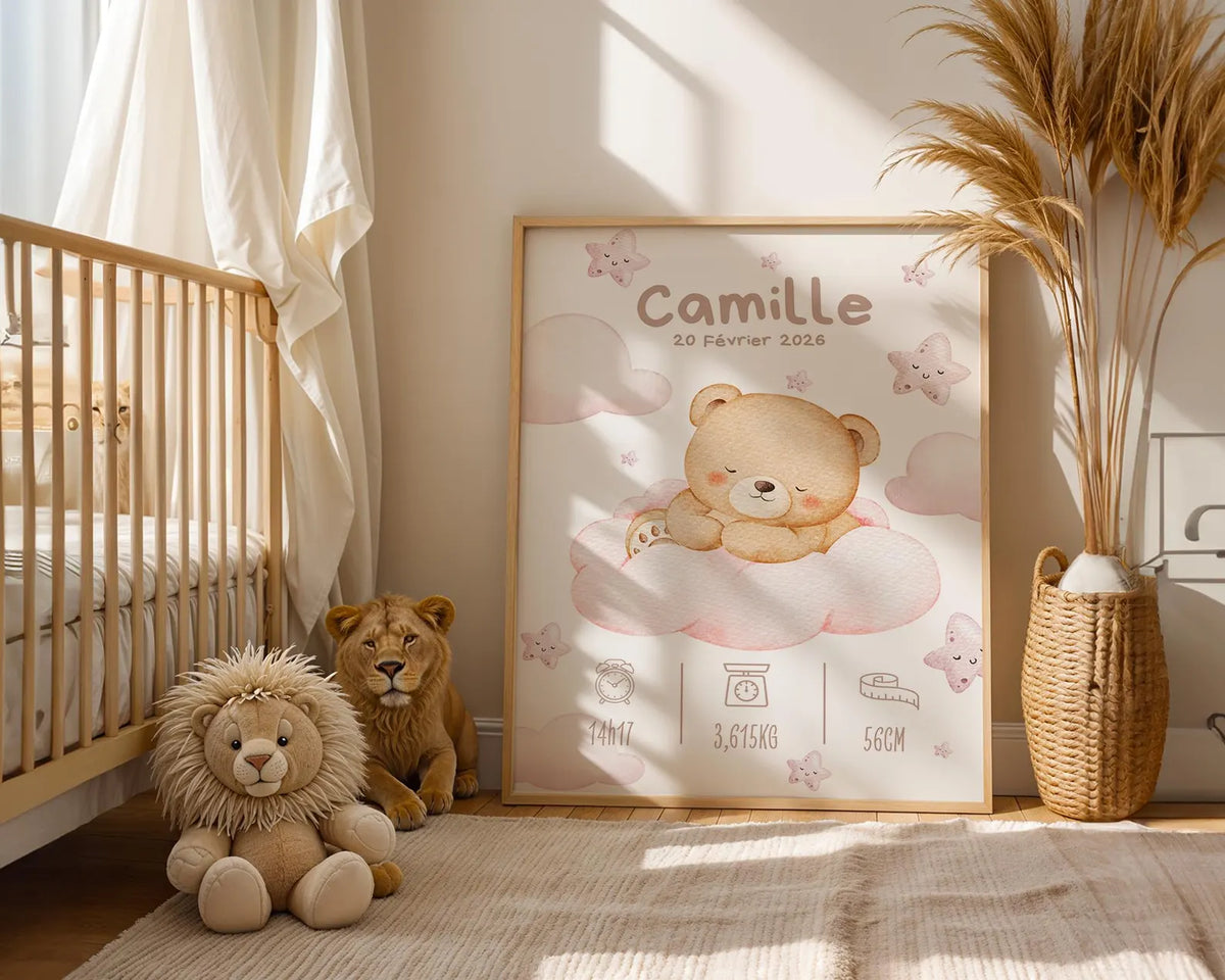 Affiche Naissance Ourson Nuage Personnalisable - Rose