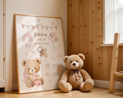 Affiche Naissance Ourson Calin Personnalisable - Rose