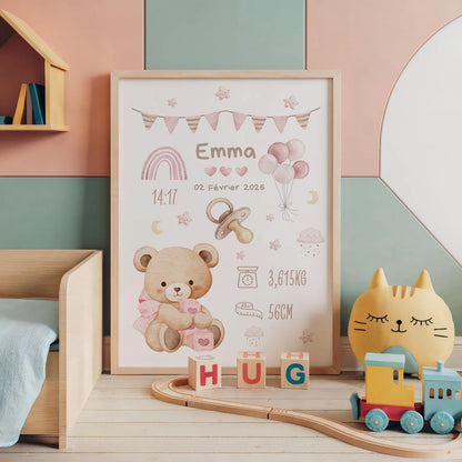 Affiche Naissance Ourson Calin Personnalisable - Rose