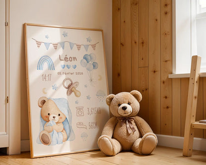 Affiche Naissance Ourson Calin Personnalisable - Blue