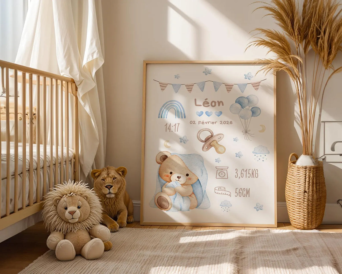 Affiche Naissance Ourson Calin Personnalisable - Blue