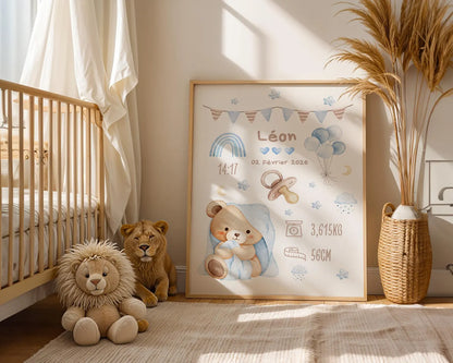 Affiche Naissance Ourson Calin Personnalisable - Blue