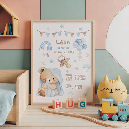 Affiche Naissance Ourson Calin Personnalisable - Blue