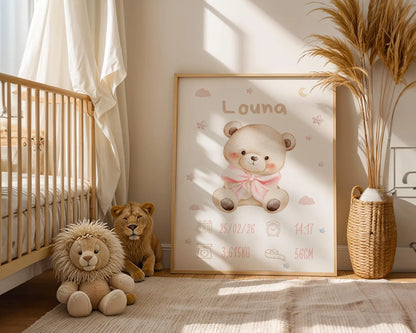 Affiche Naissance Ourson Personnalisable - Rose