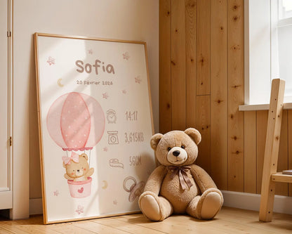 Affiche Naissance Ourson Montgolfière Personnalisable - Rose