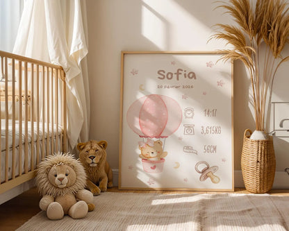 Affiche Naissance Ourson Montgolfière Personnalisable - Rose