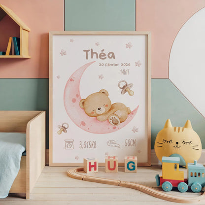 Affiche Naissance Ourson Lune Personnalisable - Rose