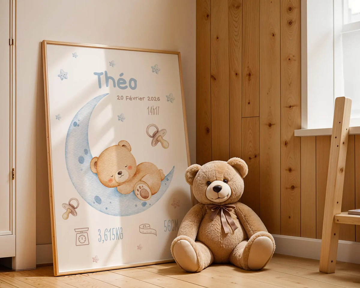Affiche Naissance Ourson Lune Personnalisable - Bleu