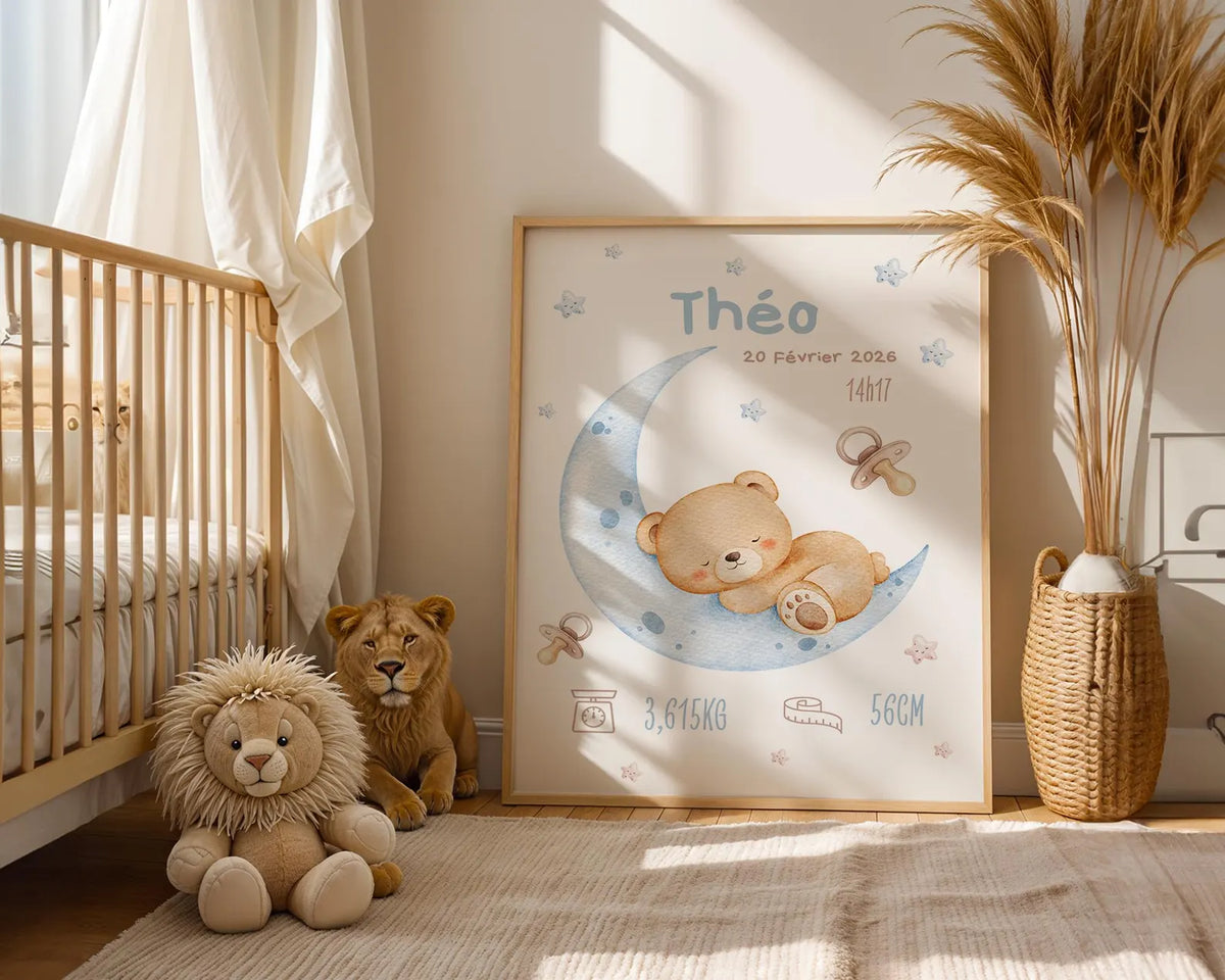 Affiche Naissance Ourson Lune Personnalisable - Bleu