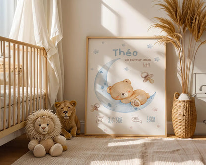 Affiche Naissance Ourson Lune Personnalisable - Bleu