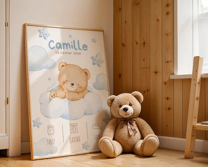 Affiche Naissance Ourson Nuage Personnalisable - Blue