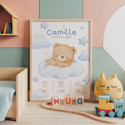 Affiche Naissance Ourson Nuage Personnalisable - Blue