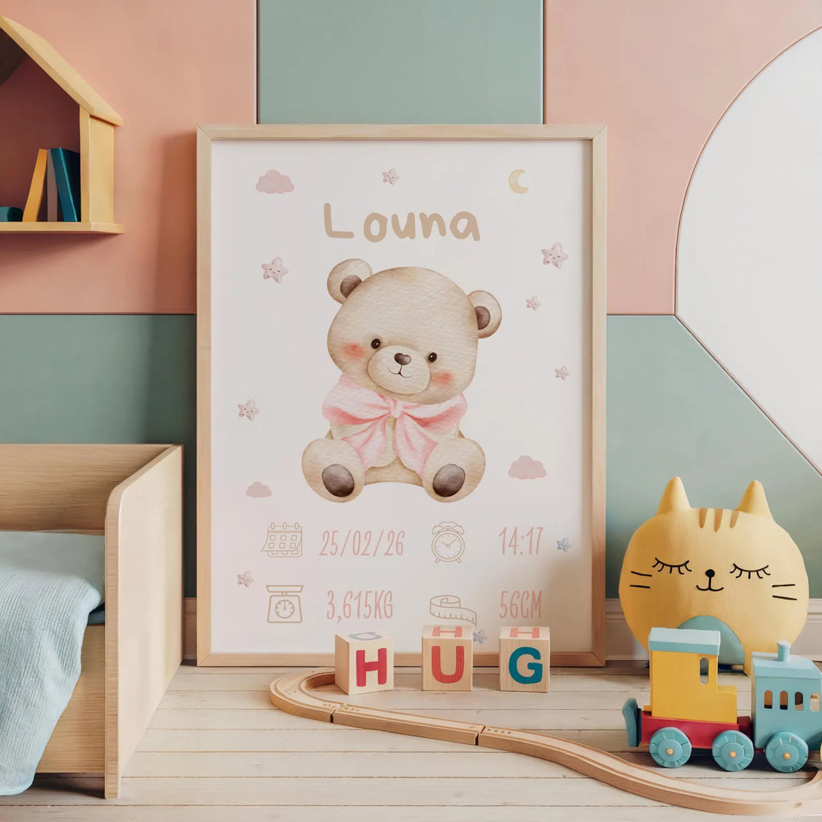 Affiche Naissance Ourson Personnalisable - Rose