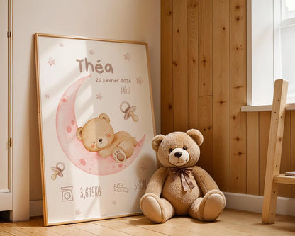 Affiche Naissance Ourson Lune Personnalisable - Rose